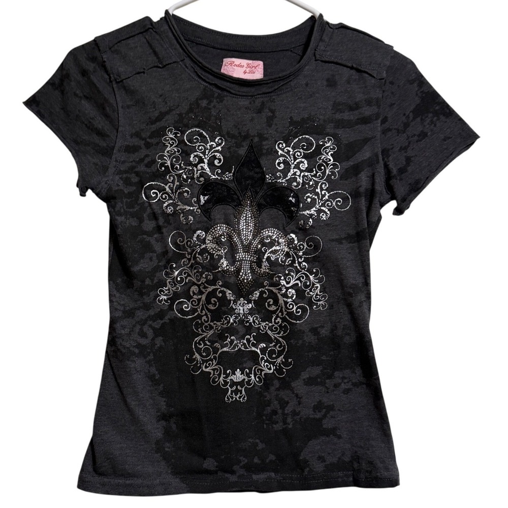 Rodeo Girl by Liz Kids XL Charcoal Gray Fleur-De-Lis Rhinestone T-Shirt